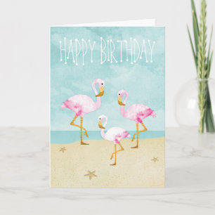 Carte Aquarelle Flamants roses roses sur la plage