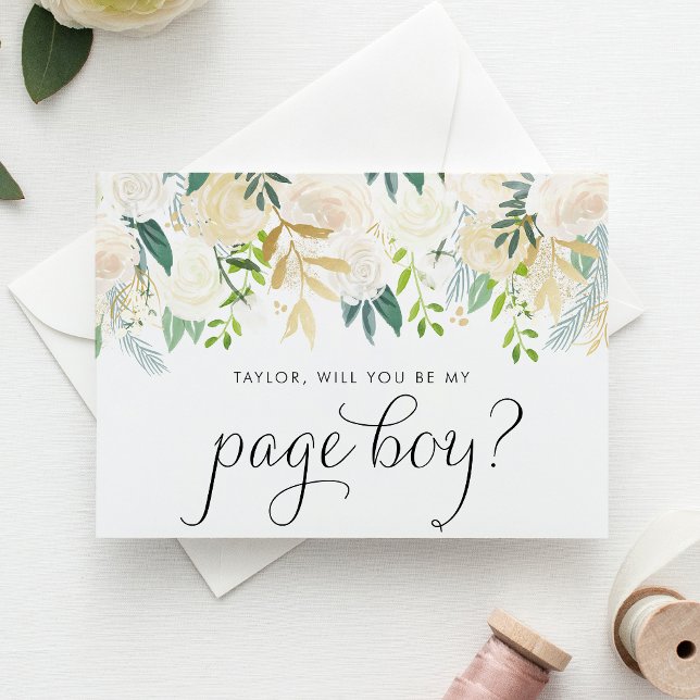 Carte Aquarelle Fleurs d'ivoire Page d'or Proposition de (Charming floral page boy proposal card with ivory flowers, greenery, and faux gold foil accents.)