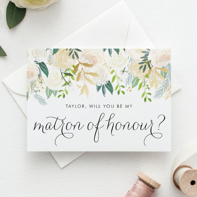 Carte Aquarelle Fleurs d'ivoire Soyez mon maître d'honne (Floral matron of honour proposal card with ivory flowers, greenery, and faux gold foil accent.)
