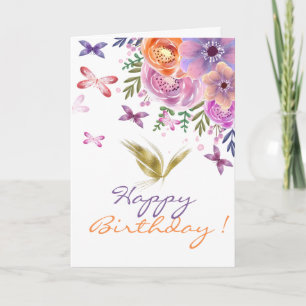 Carte Aquarelle Fleurs Papillons Parties scintillant or