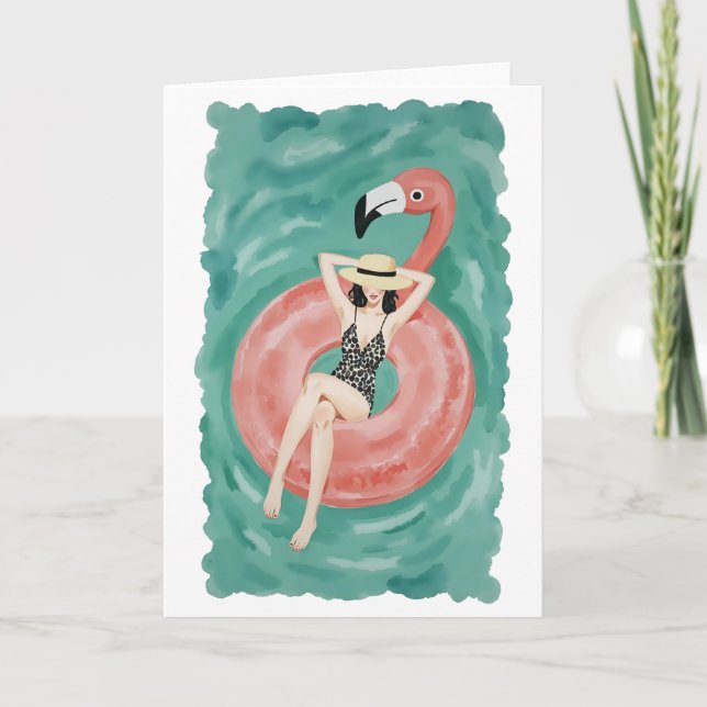 Carte Aquarelle floatie de la piscine Flamant rose (Devant)