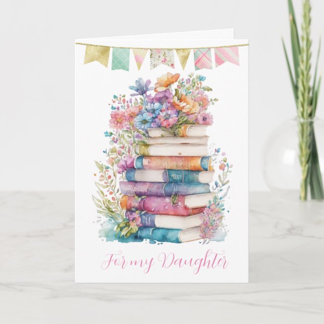 Carte Aquarelle Floral et livres Fille d'anniversaire (Devant)