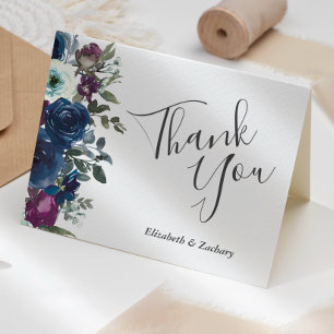 Carte Aquarelle Floral Plum Marine Mariage bleu Merci