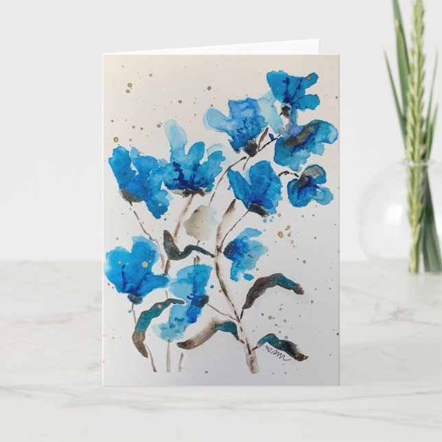 Carte aquarelle florale bleue Doodle (Devant)