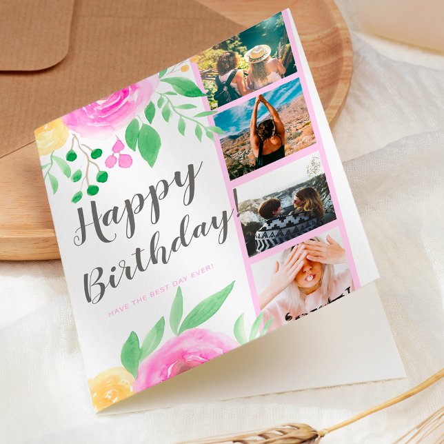 Carte Aquarelle florale brillante 4 grille photo anniver (Bright floral watercolor 4 photo grid birthday card)