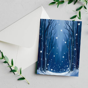 Carte aquarelle forêt d'hiver bleue sous la neige 
