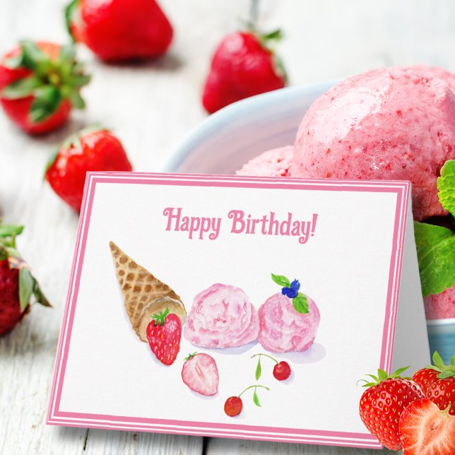 Carte Aquarelle Fraise Crème glacée Cerises Anniversaire (A hand painted watercolor of a strawberry ice cream with strawberries as a birthday card.)