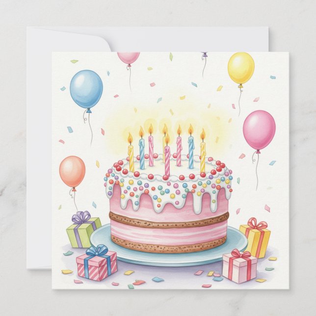 Carte Aquarelle Gâteau d'anniversaire avec bougies et ba (Devant)