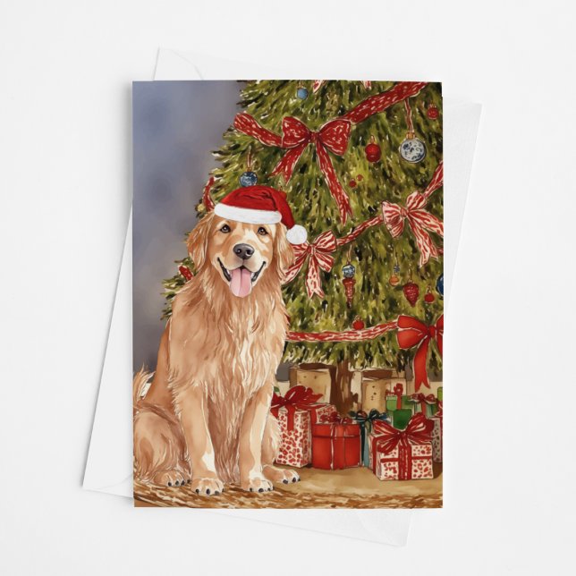 Carte Aquarelle Golden Retrior sous arbre de Noël (Créateur téléchargé)