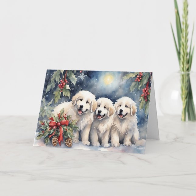 Carte Aquarelle Great Pyrenees Chipies 2 Scene de Noël (Devant)