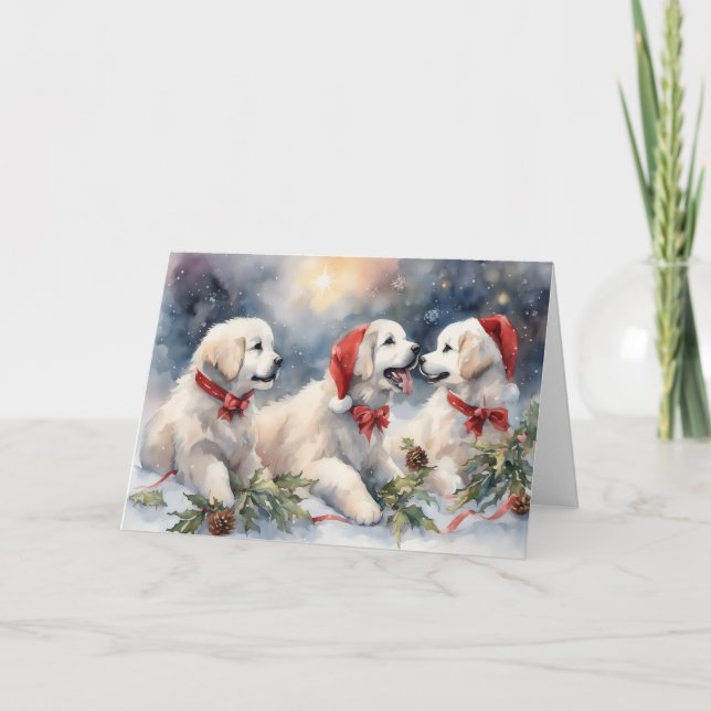 Carte Aquarelle Great Pyrenees Chipies 3 Scene de Noël (Devant)