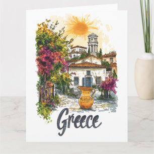 Carte Aquarelle Grèce : Scène de village avec des fleurs