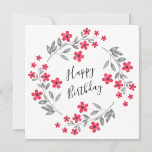 Carte Aquarelle gris rouge Fleur Wreath