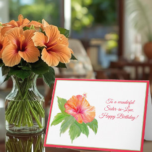 Carte Aquarelle Hibiscus Joyeux Anniversaire Soeur en Dr