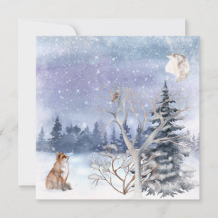 Carte Aquarelle Hiver Renard, Chouette et Lune