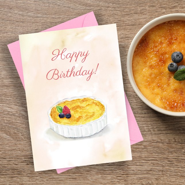 Carte Aquarelle Joyeuse Crème d'anniversaire Brûlée (Indulge their senses with this Crème Brûlée card, an artistic delight.)