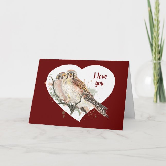Carte Aquarelle Kestrel Falcon Couple Je t'aime (Devant)