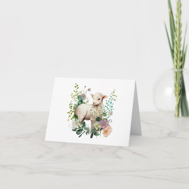 Carte Aquarelle Lamb avec couronne de fleurs BLANC (Devant)