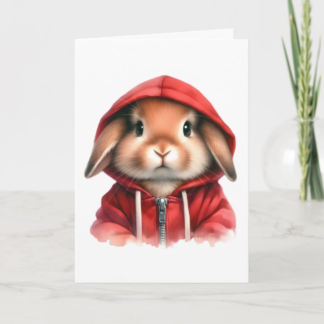 Carte Aquarelle Lapin Brun en Capuche Rouge  (Devant)