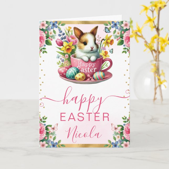 Carte Aquarelle Lapin Fleurs de Printemps Joyeuses Pâque (Fleur jaune)