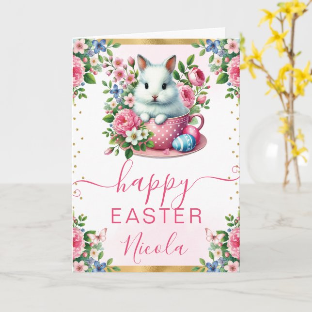 Carte Aquarelle Lapin Fleurs de Printemps Joyeuses Pâque (Fleur jaune)