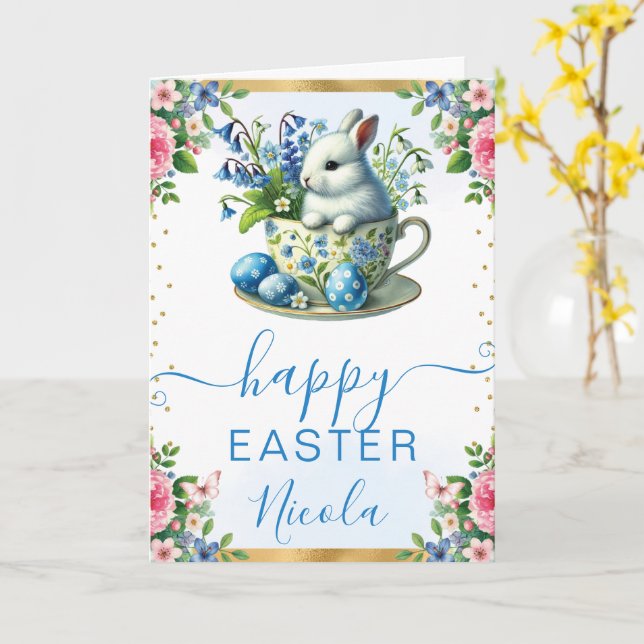 Carte Aquarelle Lapin Fleurs de Printemps Joyeuses Pâque (Fleur jaune)