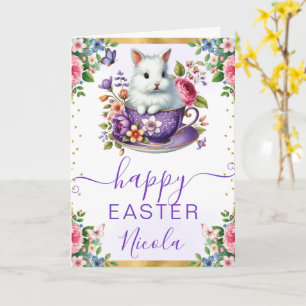 Carte Aquarelle Lapin Fleurs de Printemps Joyeuses Pâque