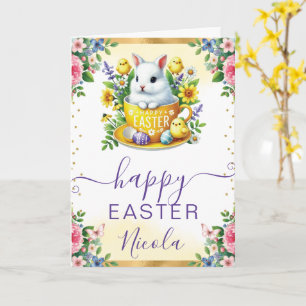 Carte Aquarelle Lapin Fleurs de Printemps Joyeuses Pâque