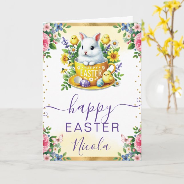 Carte Aquarelle Lapin Fleurs de Printemps Joyeuses Pâque (Fleur jaune)