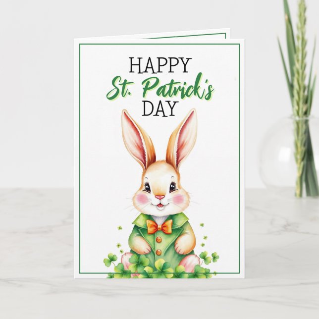 Carte Aquarelle Lapin Vert Mignon Saint-Patrick (Devant)
