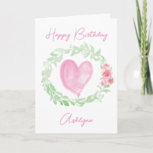 Carte Aquarelle Laurel Coeur rose