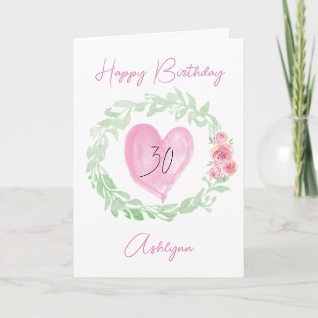 Carte Aquarelle Laurel Coeur rose 30e anniversaire (Devant)