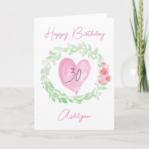 Carte Aquarelle Laurel Coeur rose 30e anniversaire