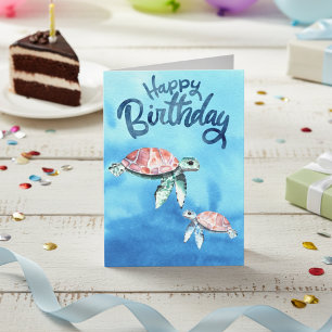 Carte Aquarelle Les tortues de mer Joyeux anniversaire