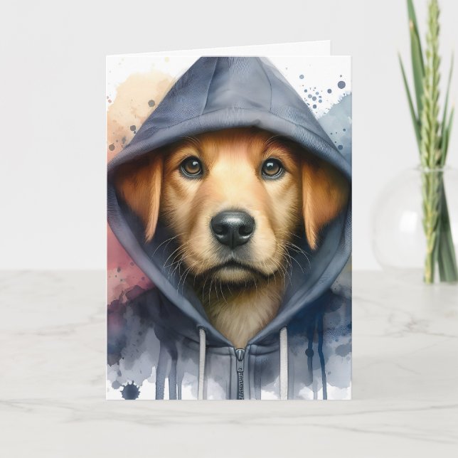 Carte Aquarelle Marron Chien dans un Sweat à Capuche Tac (Devant)