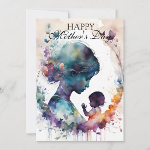 Carte Aquarelle Mère et Enfant Silhouette Art