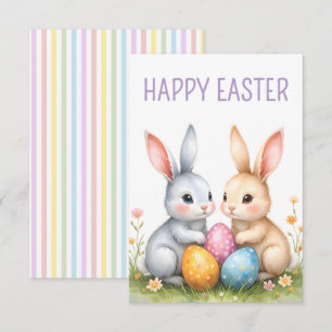 Carte Aquarelle mignonne lapins de Pâques heureux Pâques