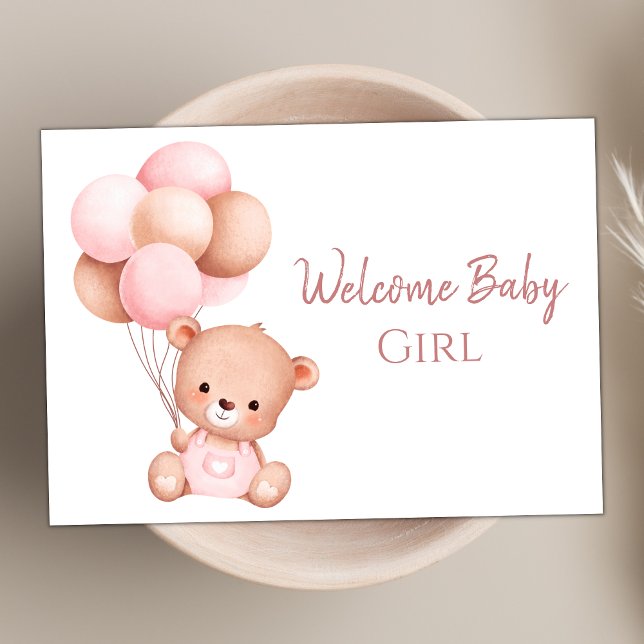 Carte Aquarelle mignonne Rose Teddy Ours Bienvenue bébé (Créateur téléchargé)