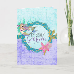 Carte Aquarelle mignonne sirène Turquoise mauve fille An