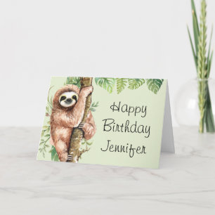 Carte Aquarelle mignonne Sloth & Feuilles tropicaux Anni