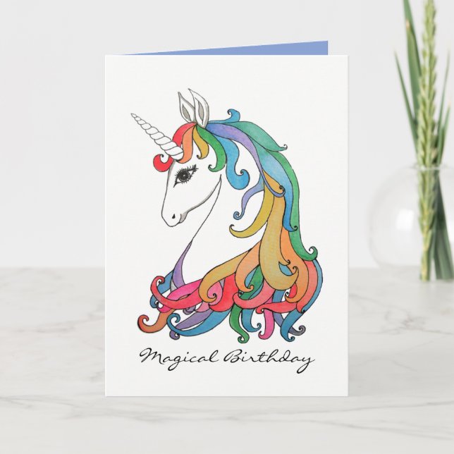 Carte Aquarelle mignonne unicorne arc-en-ciel (Devant)