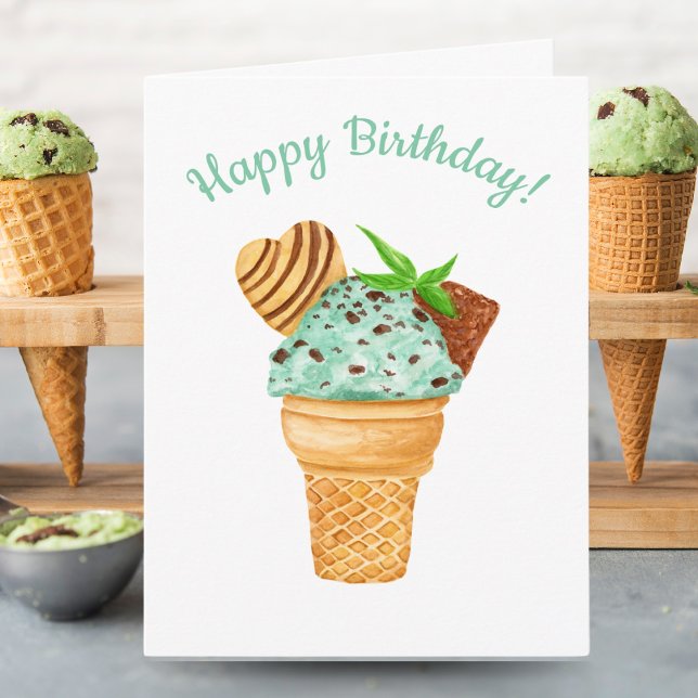 Carte Aquarelle Mint Chocolat Crème glacée Joyeux annive (Créateur téléchargé)