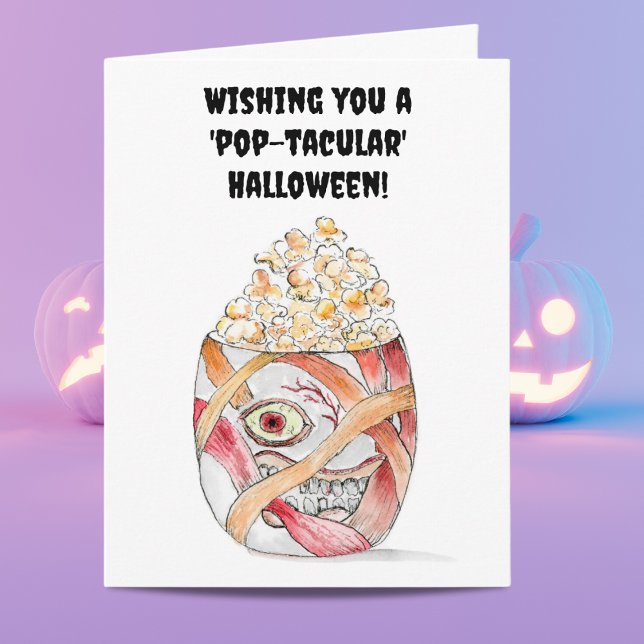 Carte Aquarelle Mummy Popcorn Joy Halloween (A fun unique watercolor Popcorn Halloween card for family and friends.)