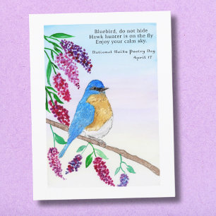 Carte Aquarelle Nationale Haiku Oiseau Bleu Dans L'Arbre
