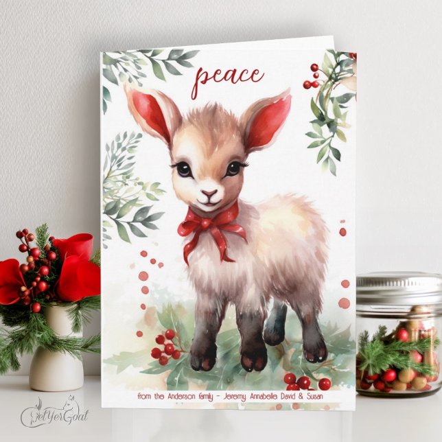 Carte Aquarelle Noël Chèvre bébé Paix (goat lover's Christmas Cards - baby goats in watercolor - 4th in a series of 8  #zazzlemade)