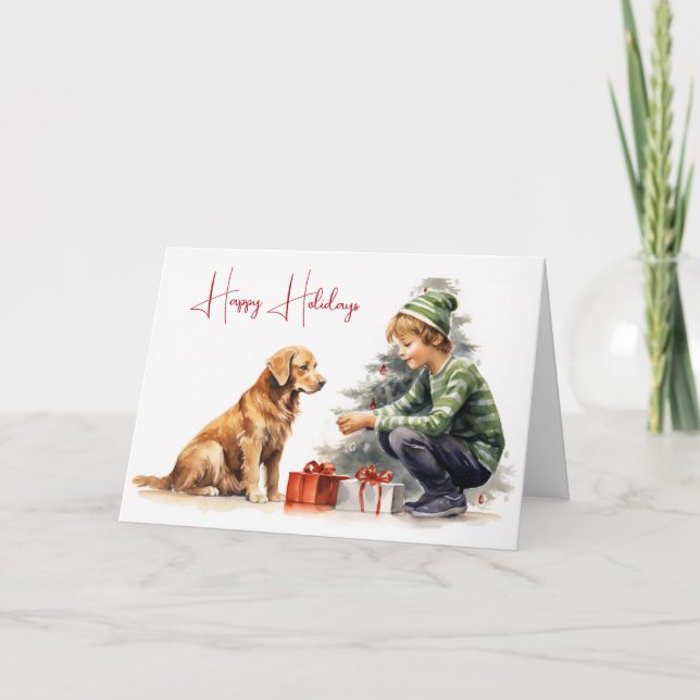 Carte Aquarelle Noël Golden Retriever avec garçon (Devant)