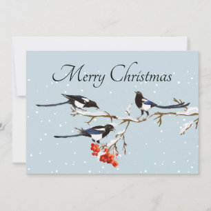Carte Aquarelle Noël Holly Magpie Oiseau Nature Art