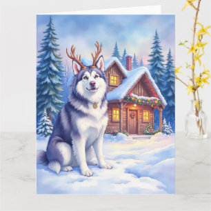 Carte Aquarelle Noël Malamute d'Alaska Renne