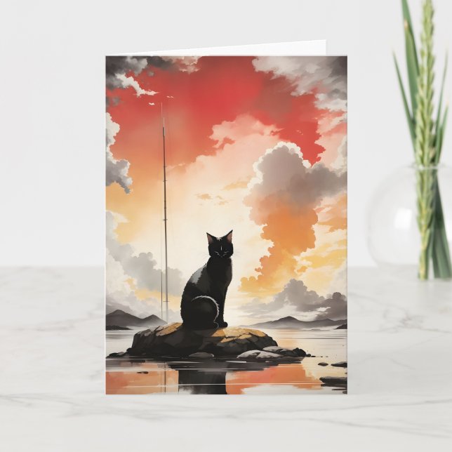 Carte Aquarelle noir chat sur un rocher Portrait blanc (Devant)