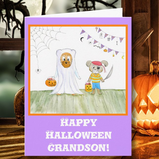 Carte Aquarelle Nounours heureux Halloween Grandson (Créateur téléchargé)